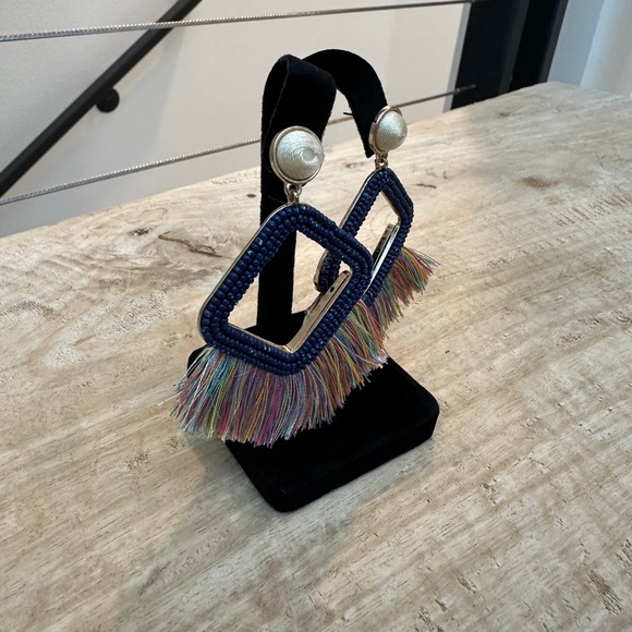 Target Colorful Navy Fringe Beaded Square Drop Earrings Fall Vacation Versatile - Picture 3 of 4